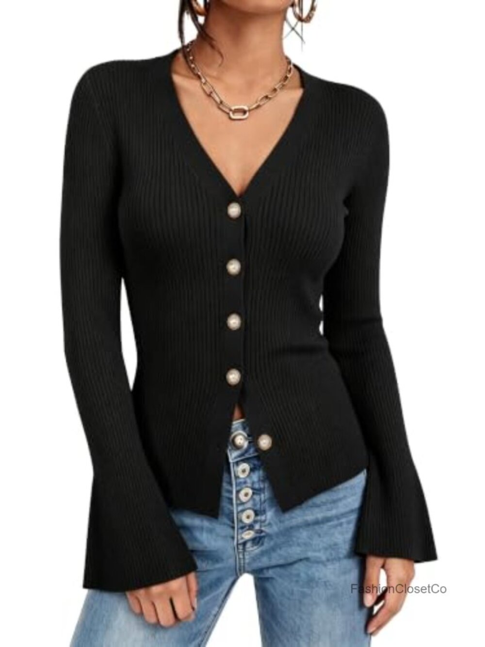 Ribbed Knit V Neck Cardigan Pearl Button Bell Sleeve Sweater